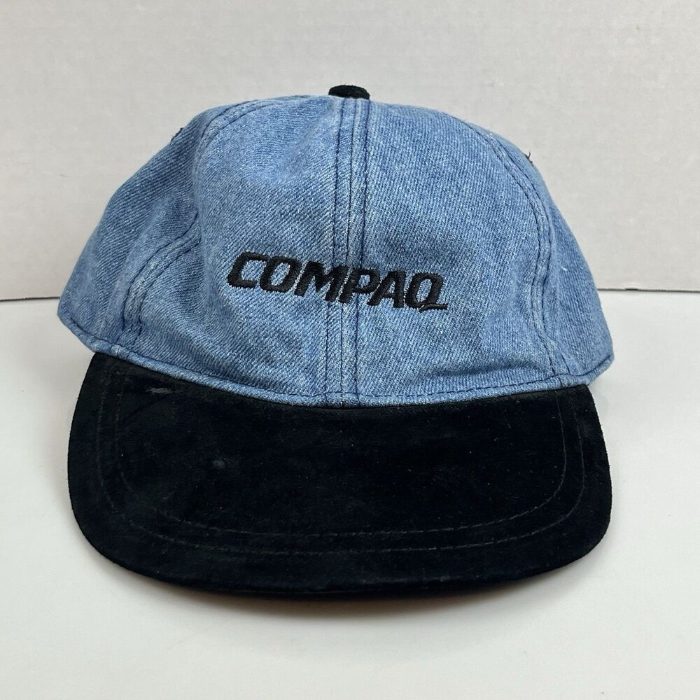 VTG Compaq Hat Cap Strapback Blue Denim Black Leather Computer Tech Luna Pier